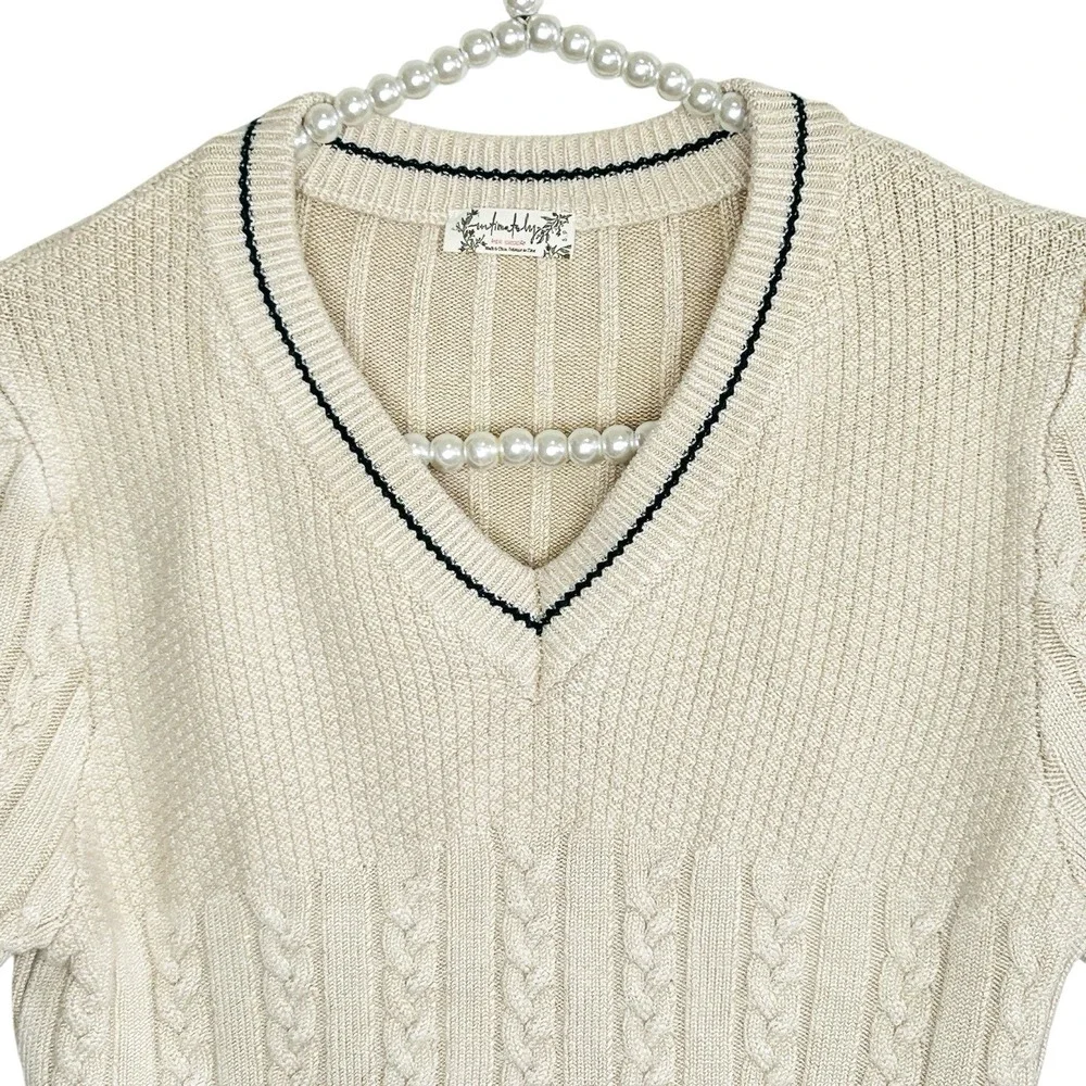 Free People Catch Your Eye Swit Sweater Small Preppy Cropped Cable Knit V Neck‎